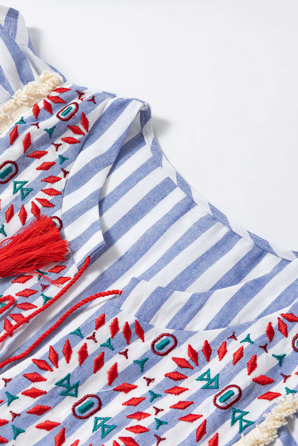 Sky Blue Embroidered Tassel Detail Striped Ruffle Sleeve Plus Blouse