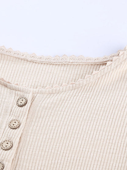 Beige Crochet Lace Sleeve Button Detail Top