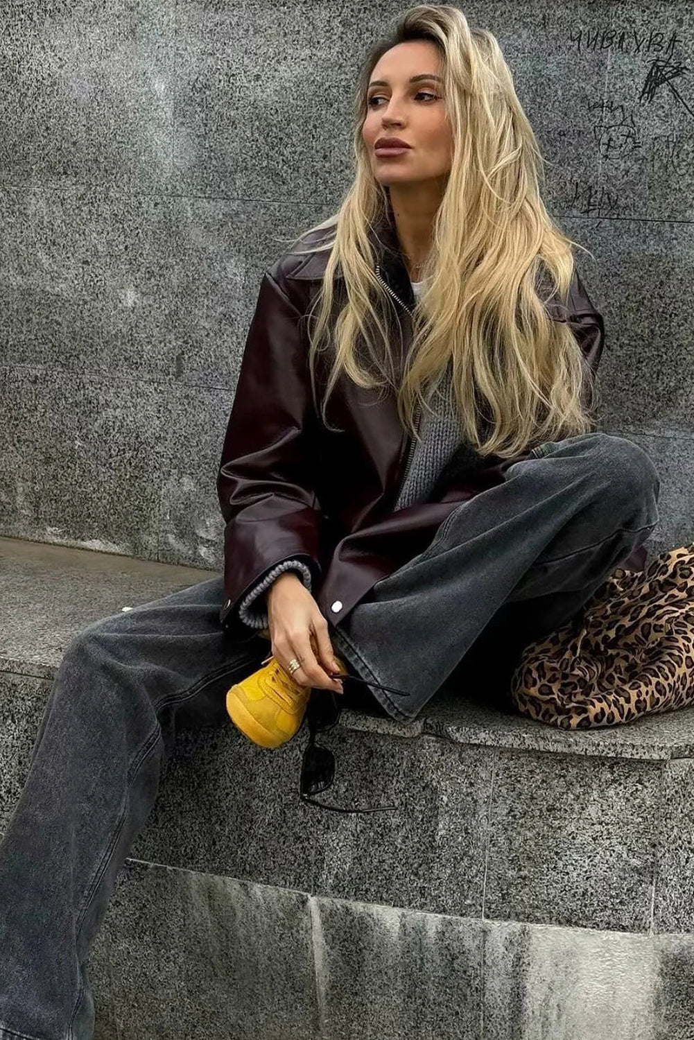 Wild Ginger Retro Elastic Hem Zip Up Leatherette Jacket