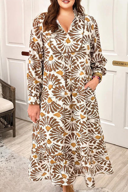 Khaki Abstract Plant Print Loose Plus Size Long Dress