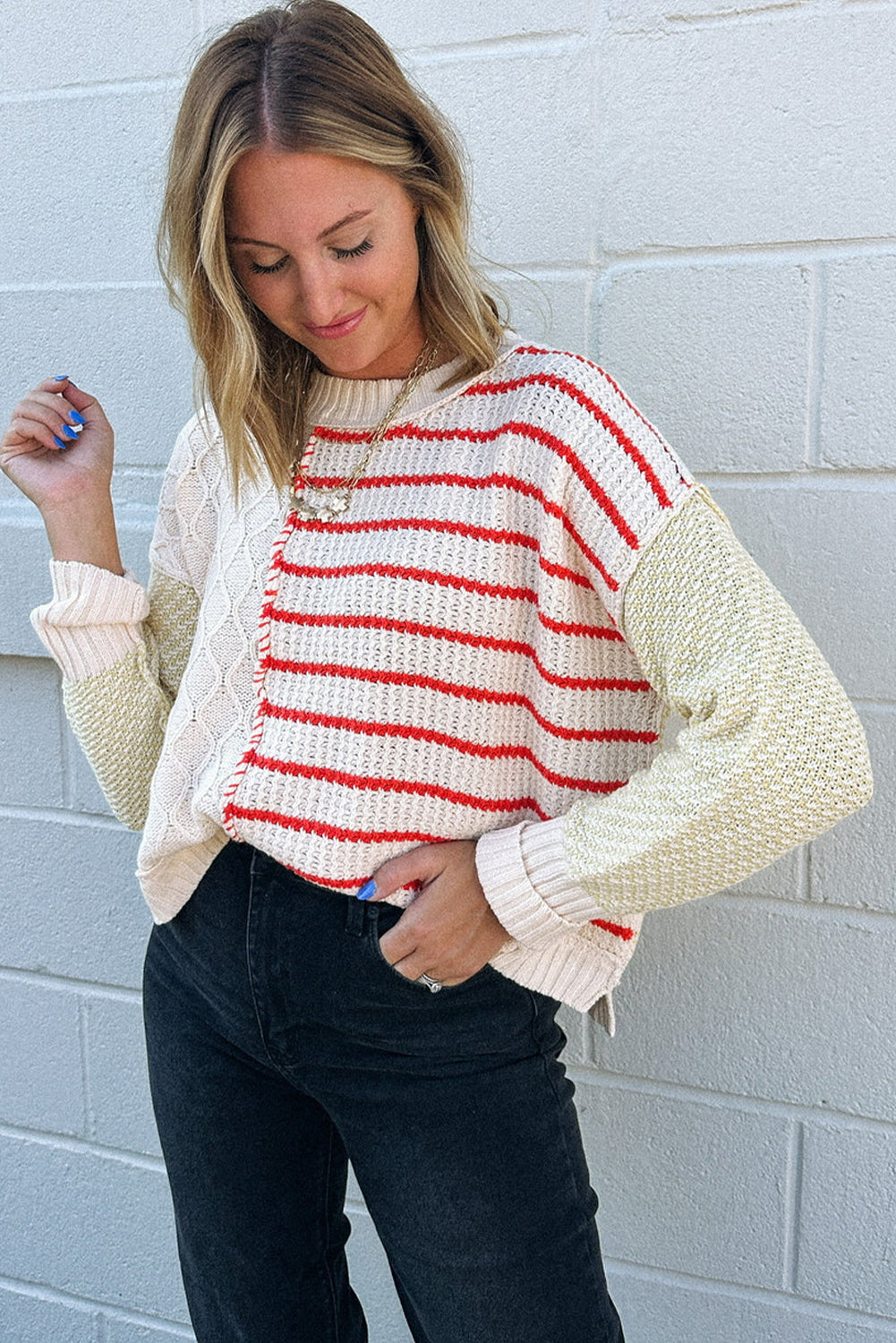 Red Stripe Mix Texture Patchwork Drop Shoulder Knit Loose Sweater
