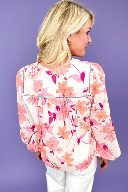 Pink Floral Print Hollowed Lace Trim Tie V Neck Long Sleeve Blouse