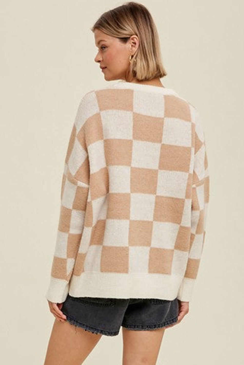 Parchment Ribbed Trim Checkered Pattern Knit Baggy Sweater