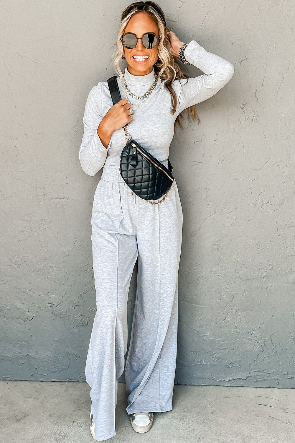 Light Grey Long Sleeve High Neck Slim Top Smocked Waist Central Seam Pants Set