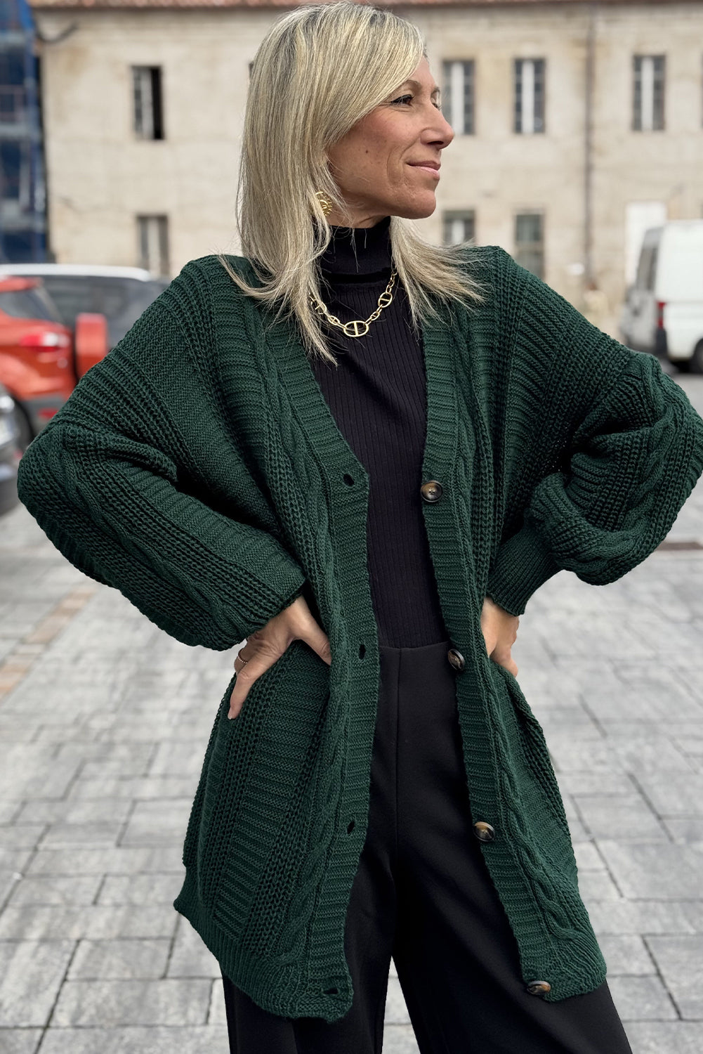 Evergreen Cable Knit Button V Neck Oversize Sweater Cardigan