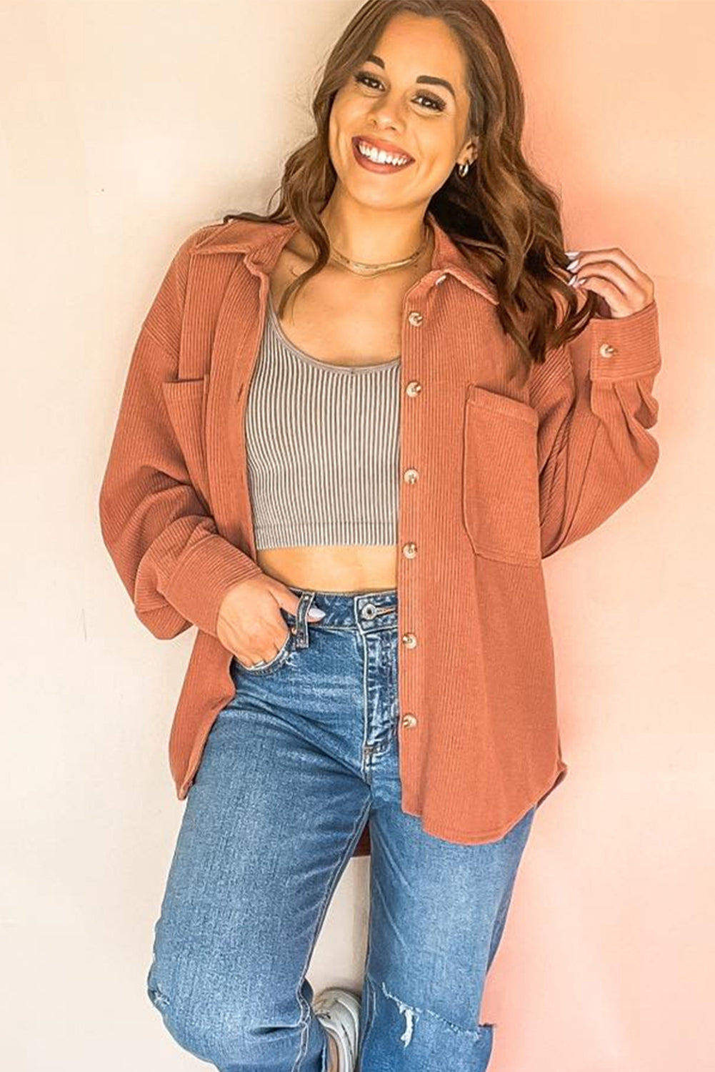 Gold Flame Patched Chest Pockets Button Down Ribbed Shacket