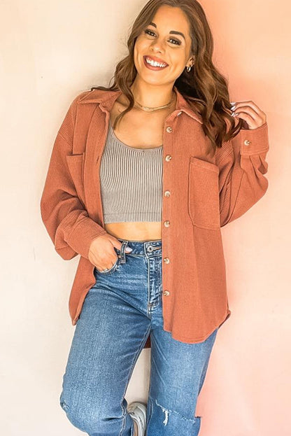 Gold Flame Patched Chest Pockets Button Down Ribbed Shacket