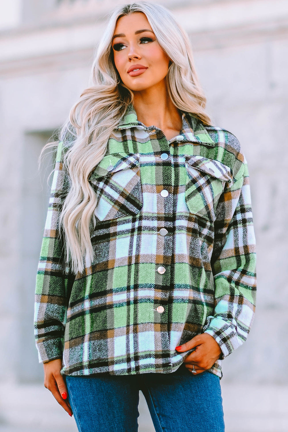Green Plaid Print Shacket with Pockets