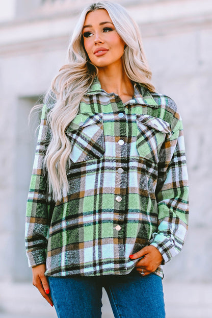 Green Plaid Print Shacket with Pockets