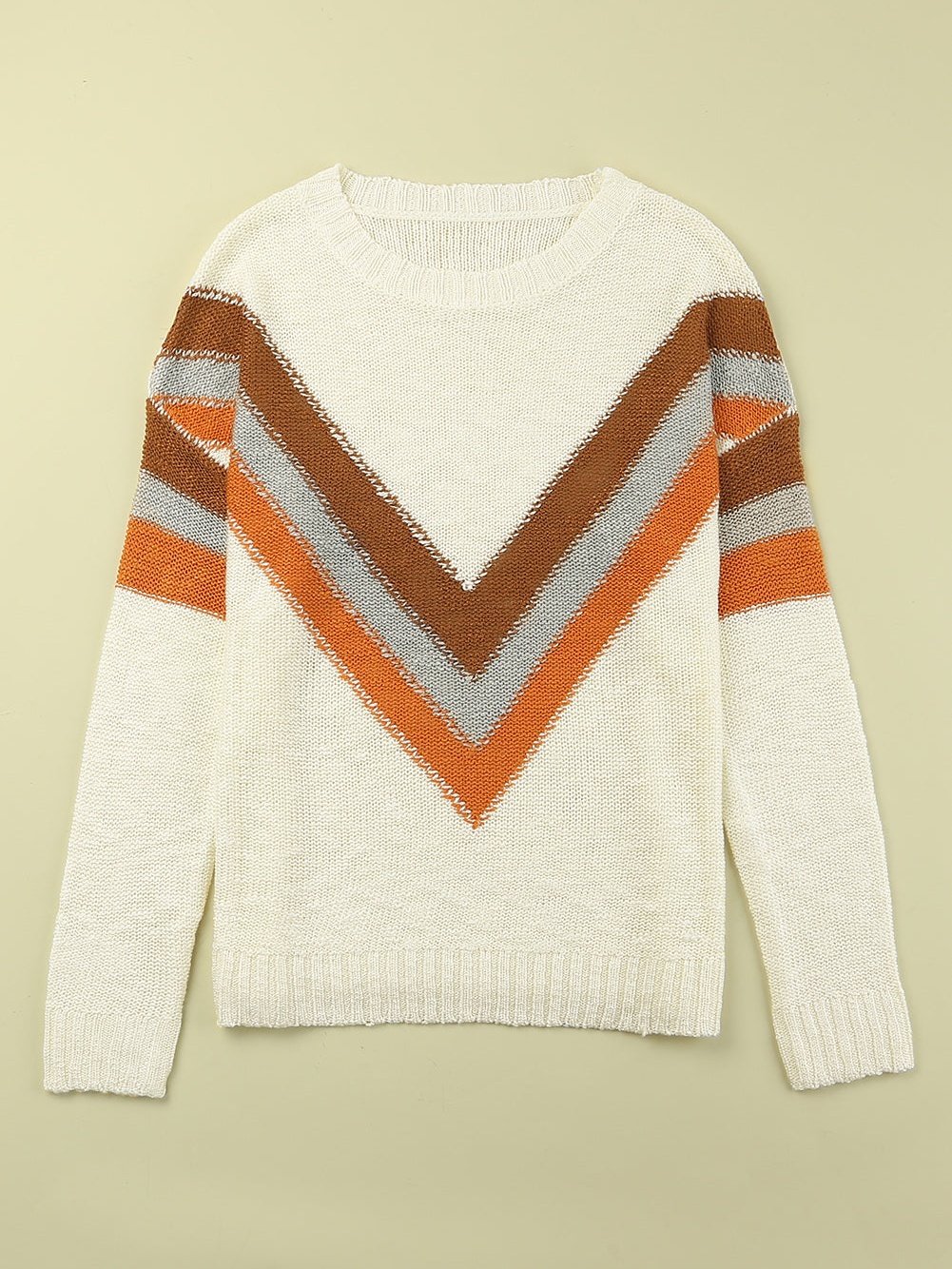 Beige Chevron Stripe Drop Shoulder Knit Pullover