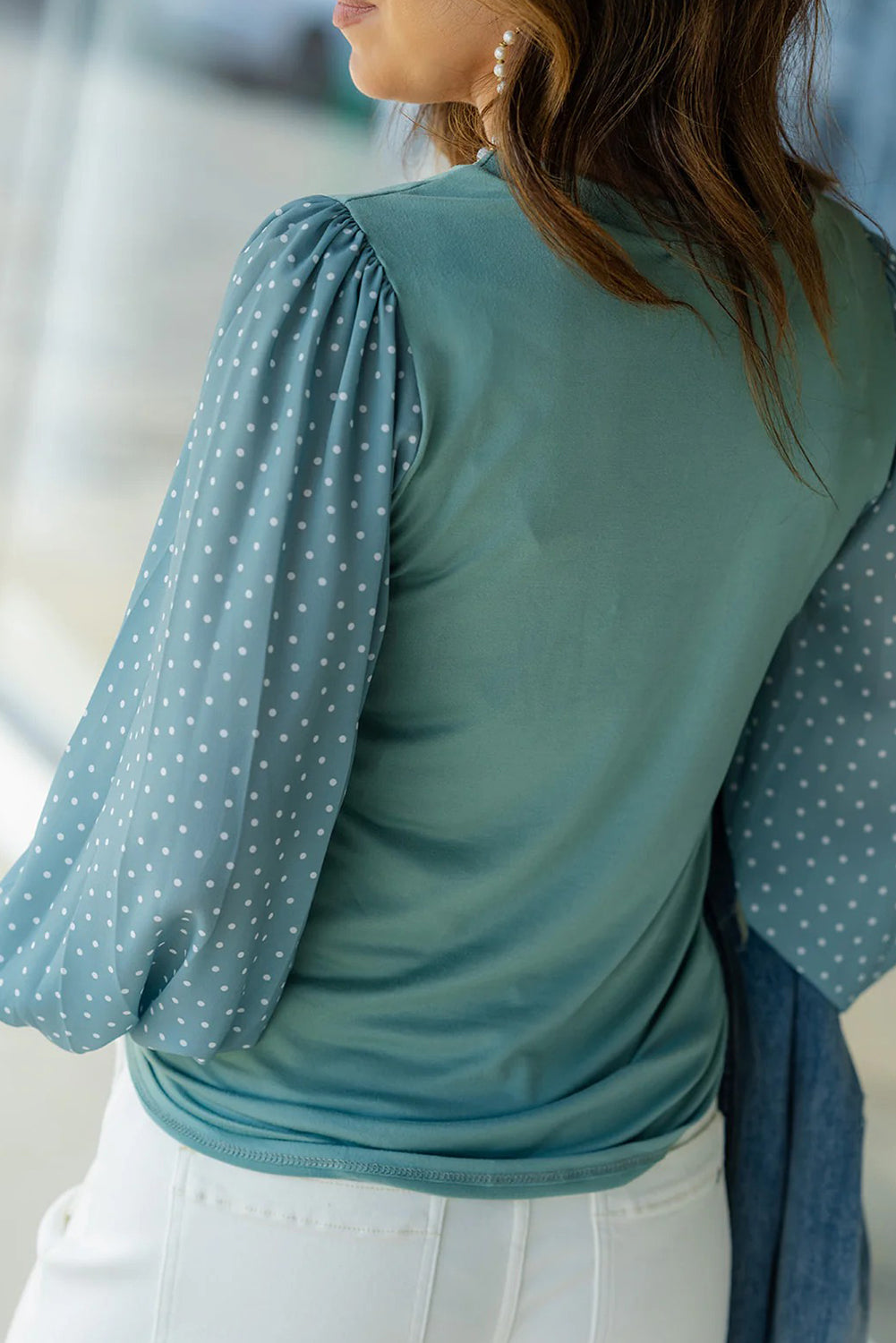 Haze Blue Polka Dot Chiffon Long Sleeve Patchwork Round Neck Blouse