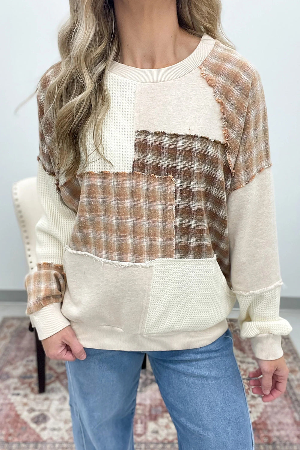 Jet Stream Plaid Waffle Patchwork Kangaroo Pocket Long Sleeve Top