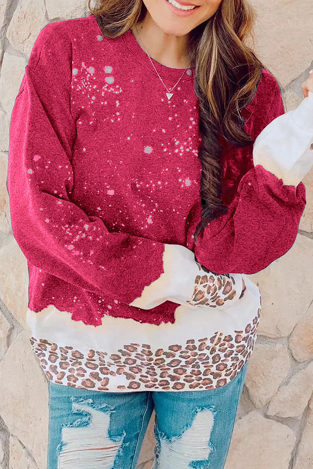 Flaming Red Leopard Print Bleached Pullover Sweater