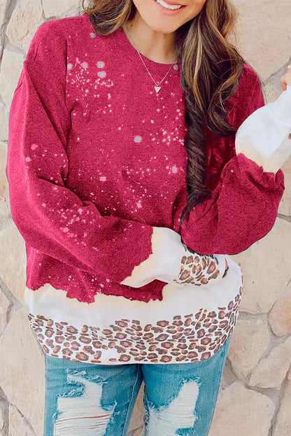 Flaming Red Leopard Print Bleached Pullover Sweater