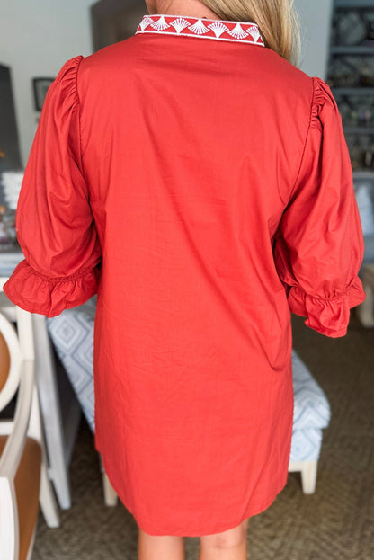 Fiery Red Flounced Half Sleeve Contrast Embroidered Split Neck Shift Mini Dress