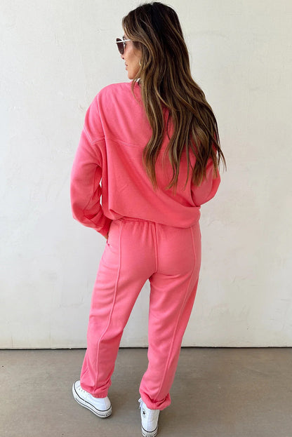 Strawberry Pink Single Chest Pocket Drop Shoulder Pullover Drawstring Jogger Pant Set