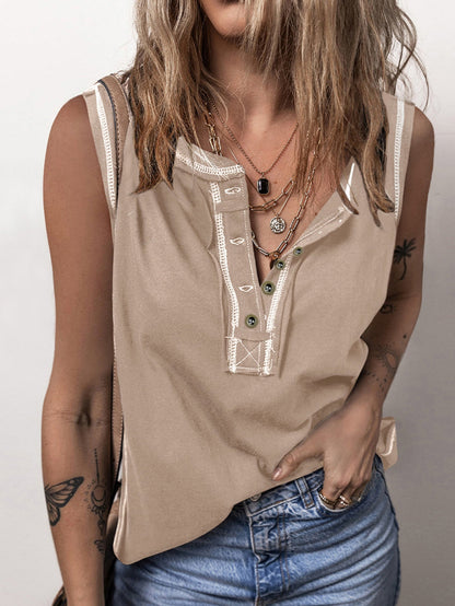 French Beige Henley Tank Top with Chic Contrast Stitching