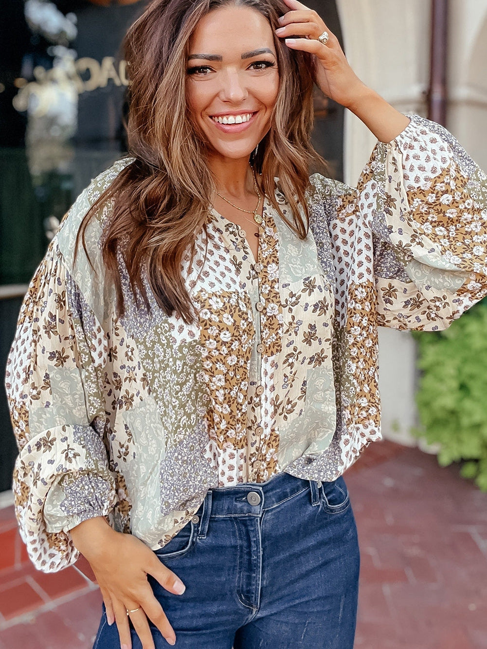 Floral Patchwork Print V-Neck Long Sleeve Blouse