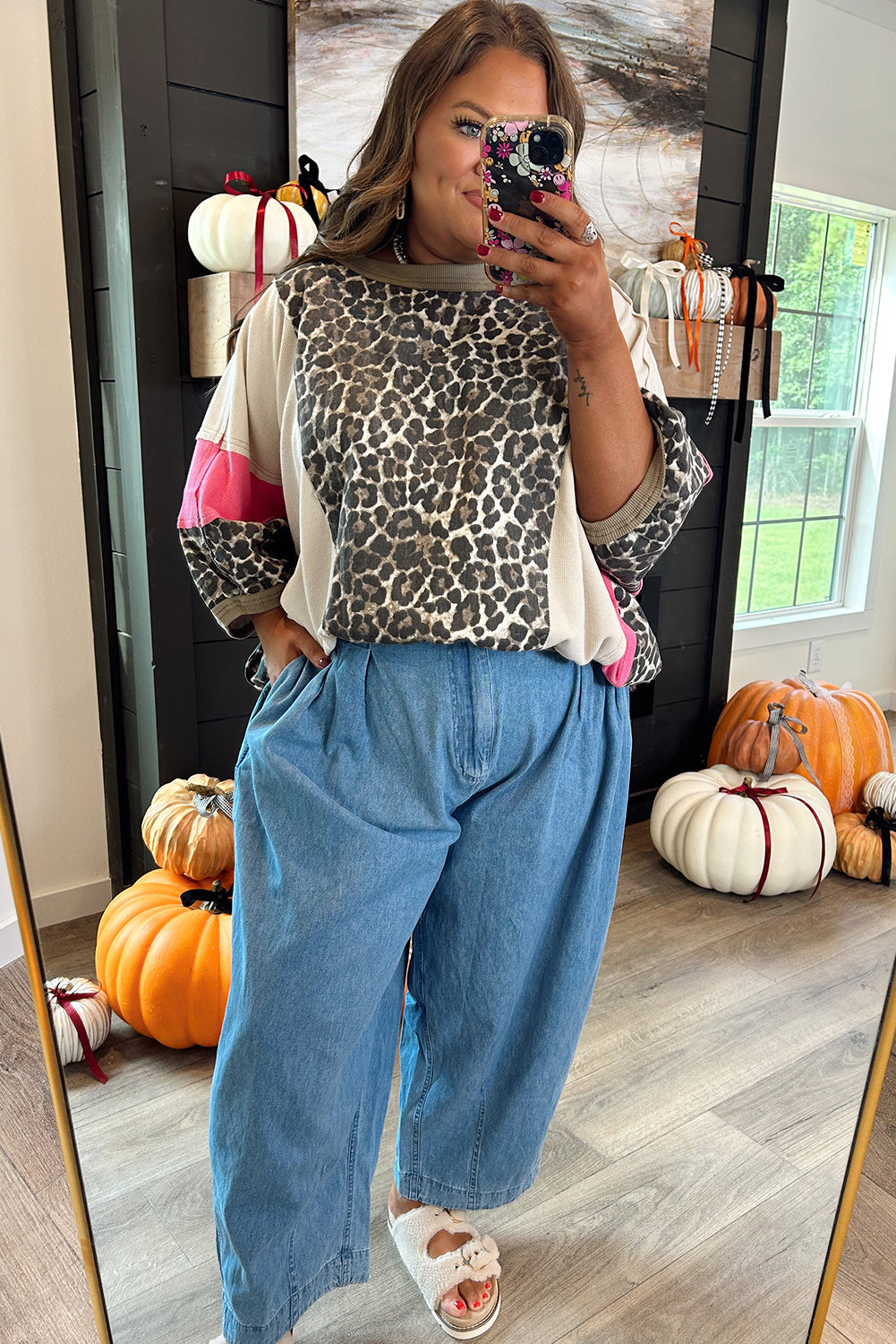 Brown Leopard Print Color Block Patchwork 3/4 Sleeve Loose Top