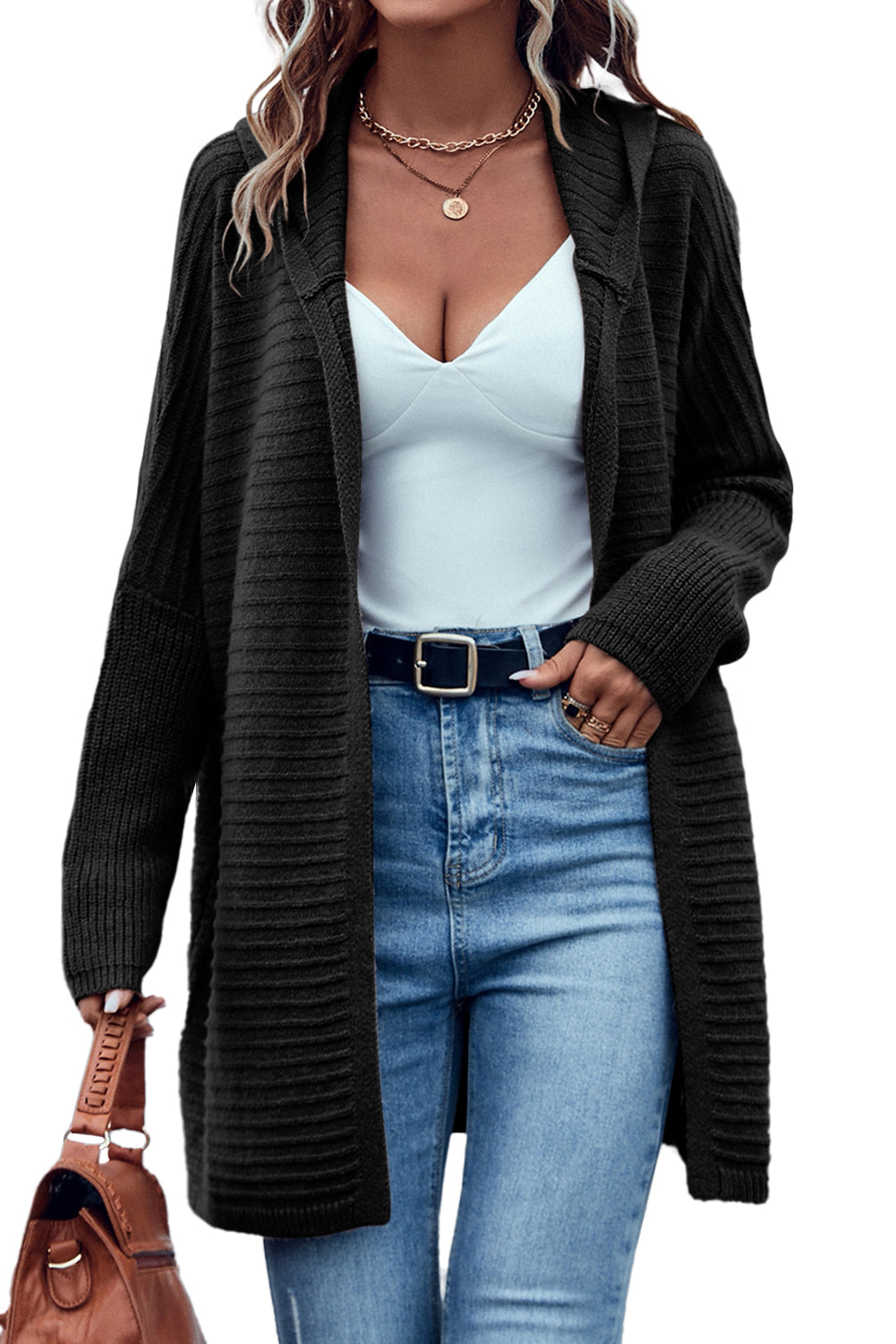 Black Ribbed Knit Hooded Cardigan for Stylish Autumn Layering