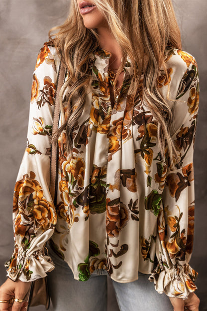 Apricot Feminine Floral V-Neck Ruffle Sleeve Blouse
