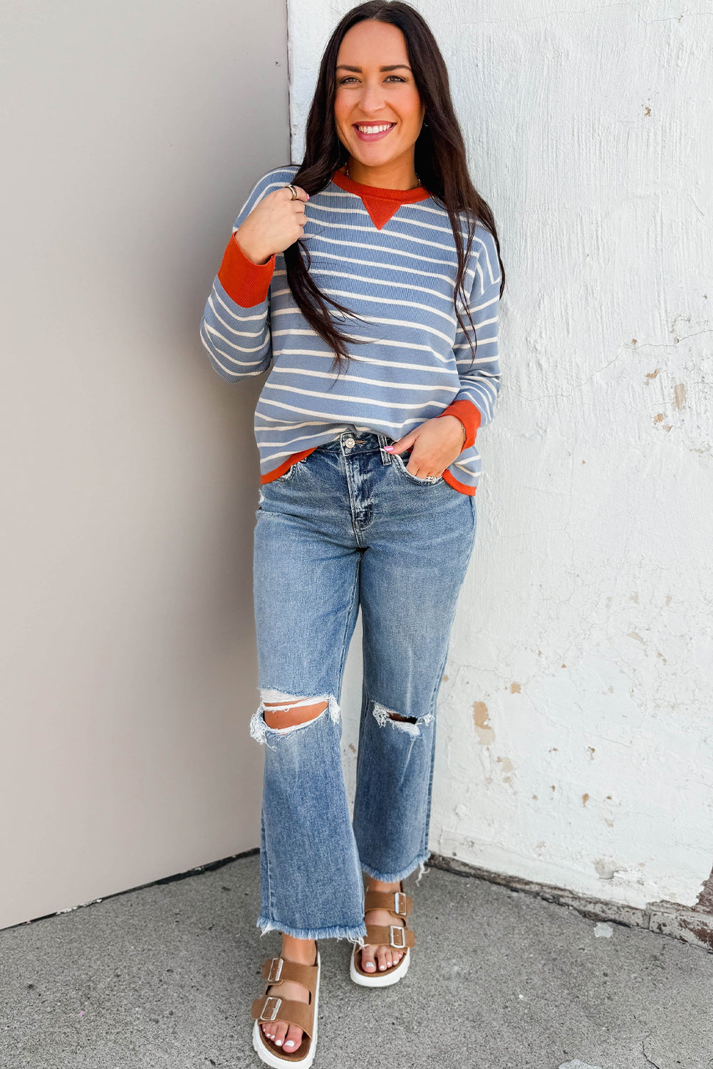 Sky Blue Stripe Ribbed Color Block Detail Drop Shoulder Sweater