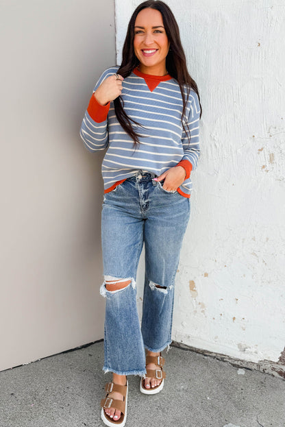 Sky Blue Stripe Ribbed Color Block Detail Drop Shoulder Sweater
