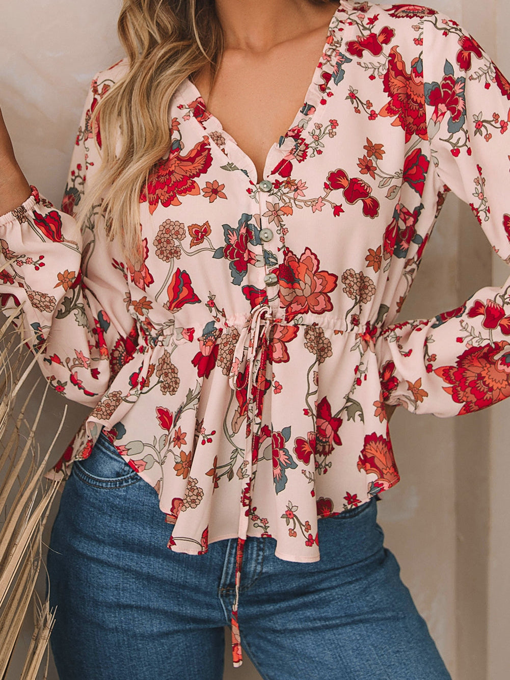 Floral Peplum V Neck Drawstring Blouse with Puff Sleeves