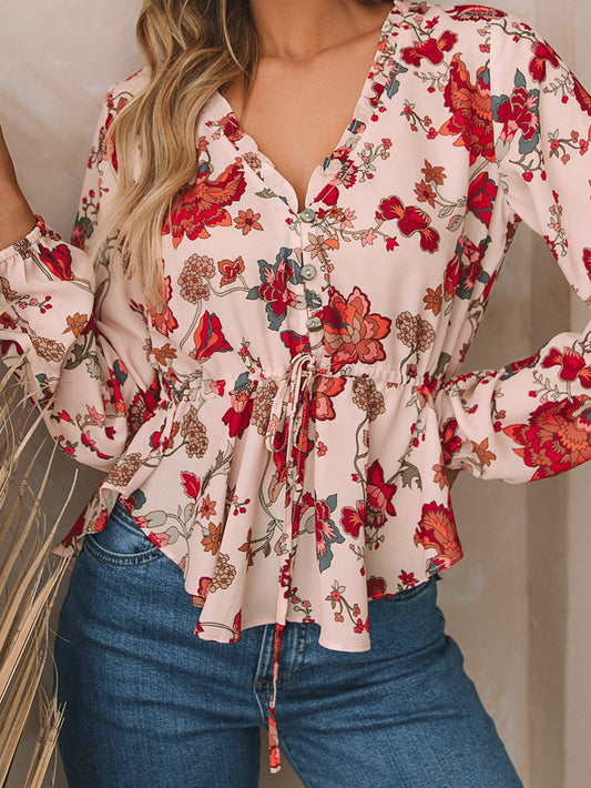 Floral Peplum V Neck Drawstring Blouse with Puff Sleeves