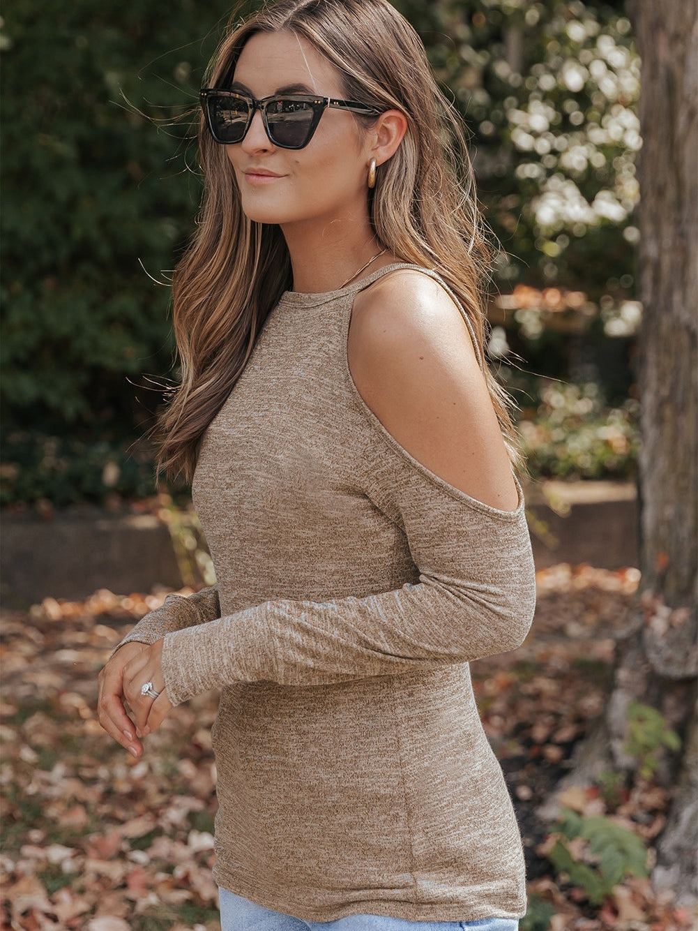Khaki Marble Cold Shoulder Knit Top with Long Sleeves