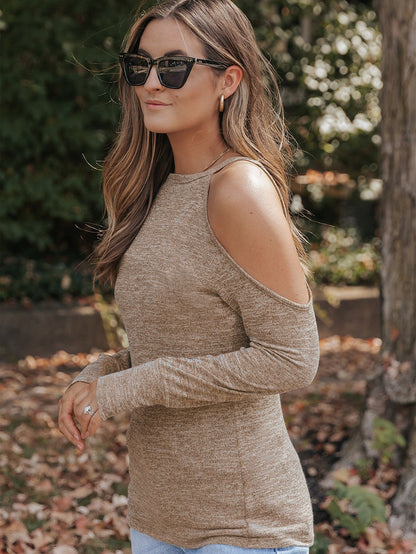 Khaki Marble Cold Shoulder Knit Top with Long Sleeves