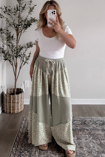 Green Raw Seam Floral Color Block Patchwork Crinkled Wide Leg Pants