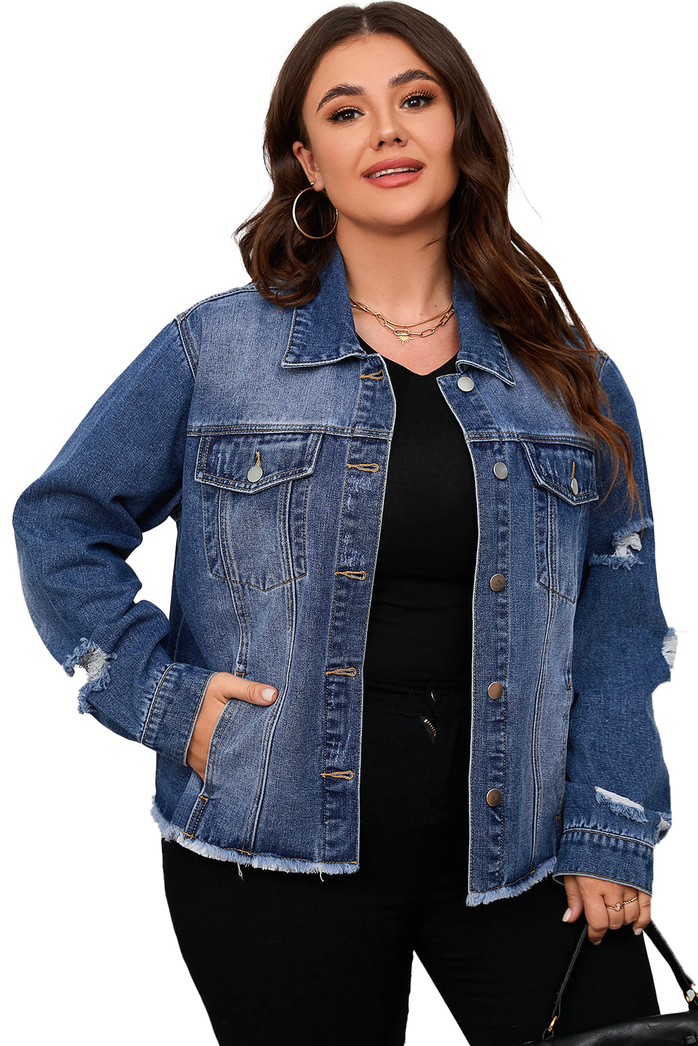 Stylish Plus Size Navy Distressed Denim Shacket