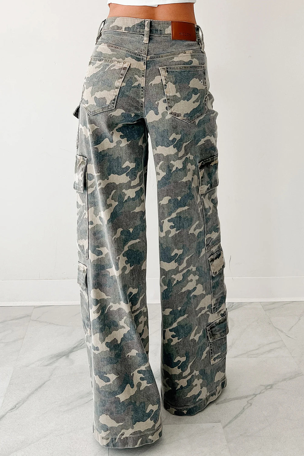 Green Camo Denim Cargo Wide Leg Pants
