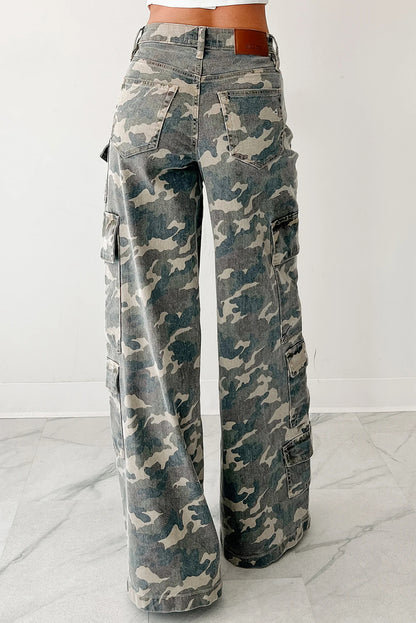 Green Camo Denim Cargo Wide Leg Pants