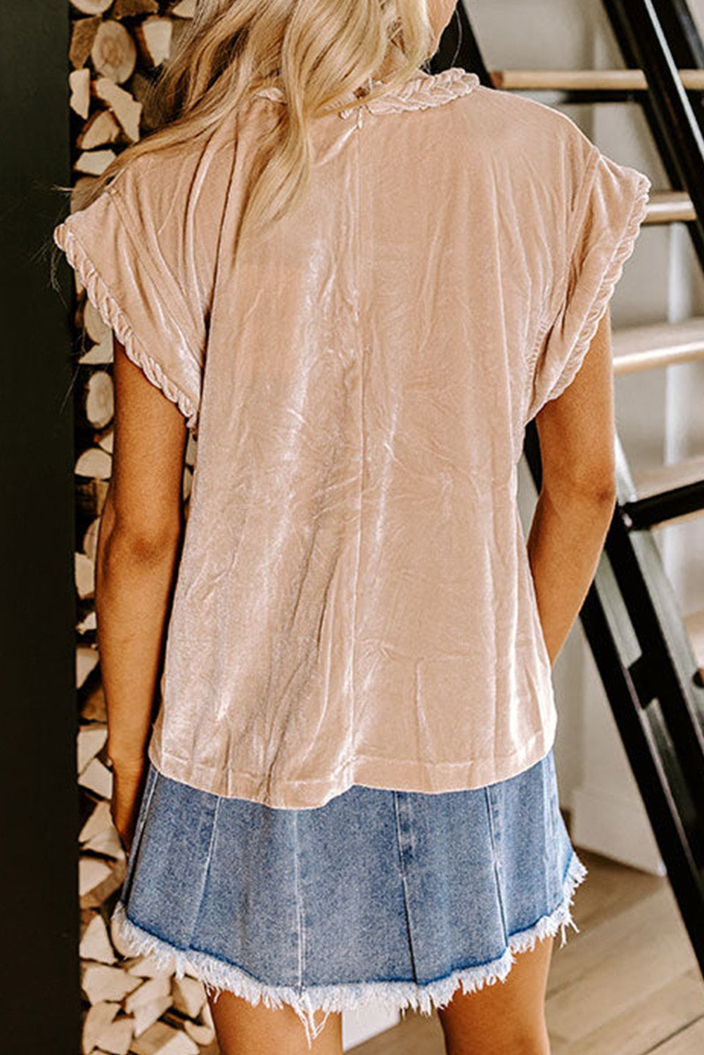 Parchment Braided Trim Round Neck Short Sleeve Velvet Blouse