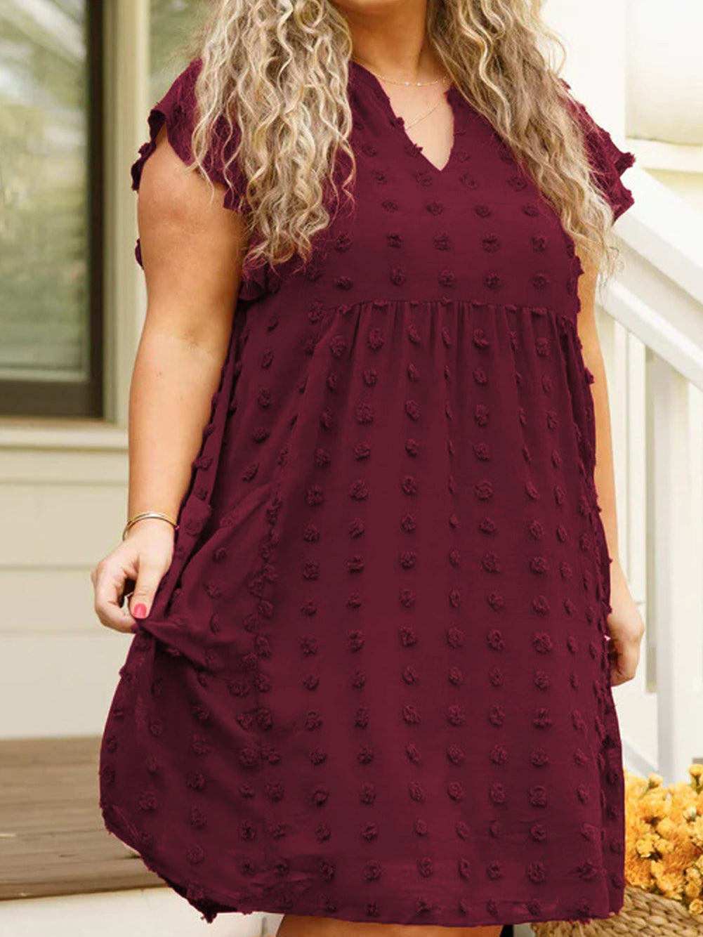 Swiss Dot Burgundy Plus Size V-Neck Mini Dress with Ruffled Sleeves
