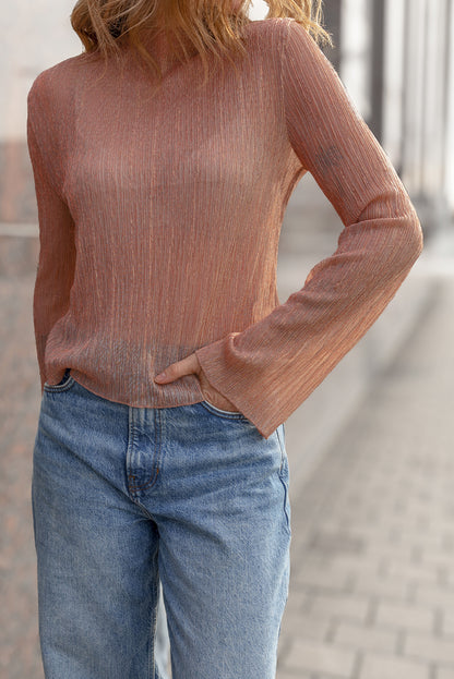 Clay Semi Sheer Textured Mock Neck Long Sleeve Top