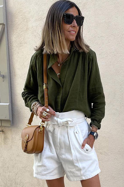 Green Crinkle Textured Button Front Jungle Shirt