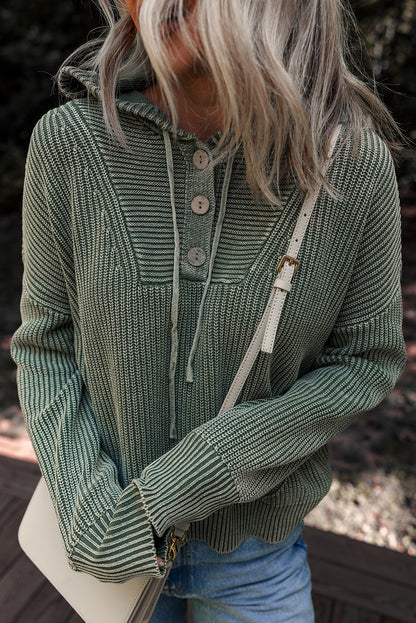Mist Green Mineral Wash Ribbed Knit Button Drawstring Neck Hooded Sweater