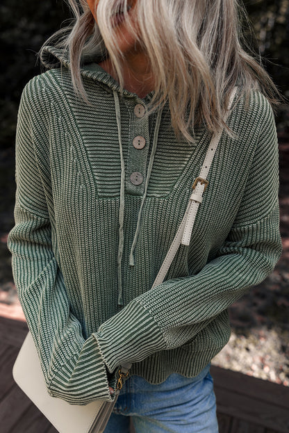 Mist Green Mineral Wash Ribbed Knit Button Drawstring Neck Hooded Sweater