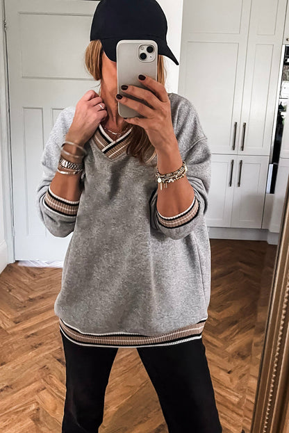 Gray Varsity Contrast Striped Trim V Neck Sweatshirt