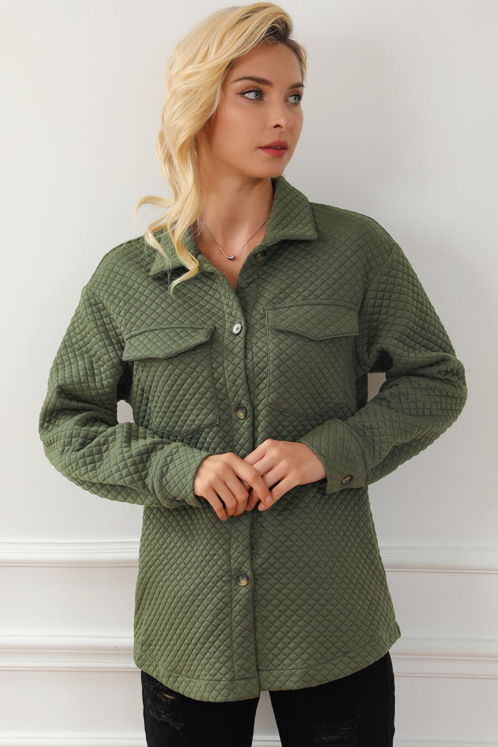 Green Vintage Quilted Flap Pocket Button Shirt Jacket