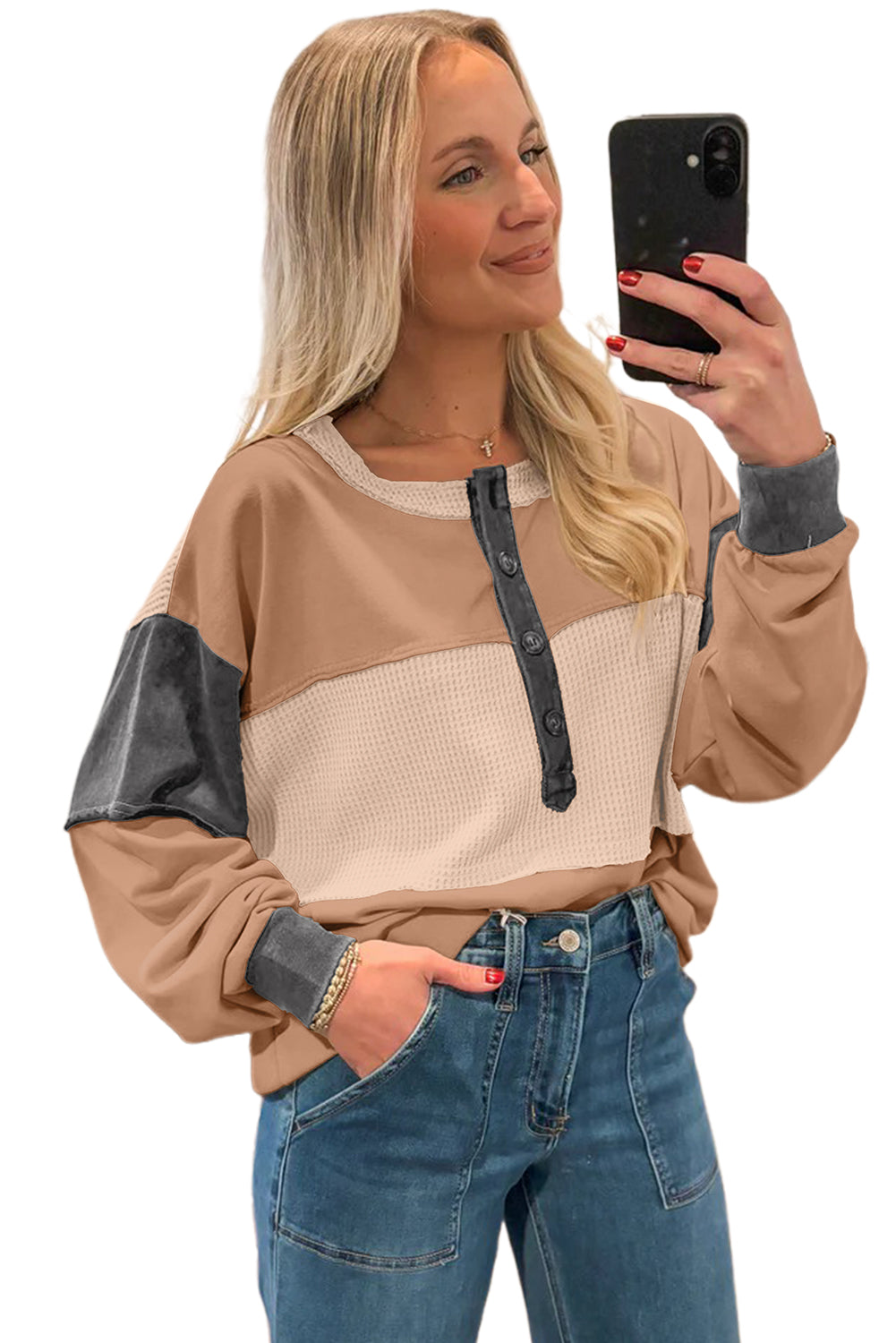 Khaki Color Block Waffled Patchwork Loose Henley Top