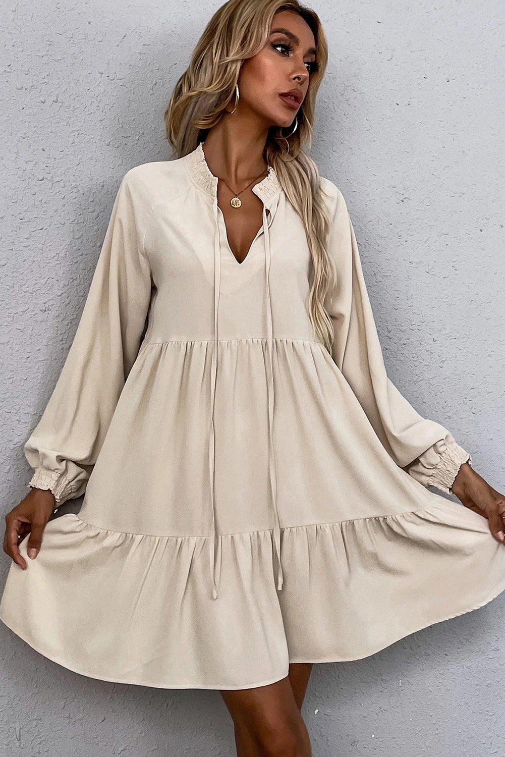 Beige Tie Split Neck Smocked Detail Long Puff Sleeve Ruffle Hem Loose Dress