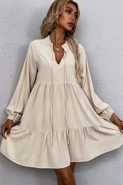 Beige Tie Split Neck Smocked Detail Long Puff Sleeve Ruffle Hem Loose Dress