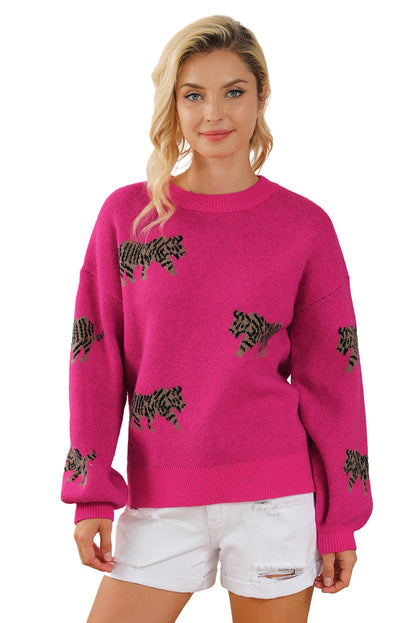 Fierce Leopard Print Rose Red Knit Sweater for Casual Chic