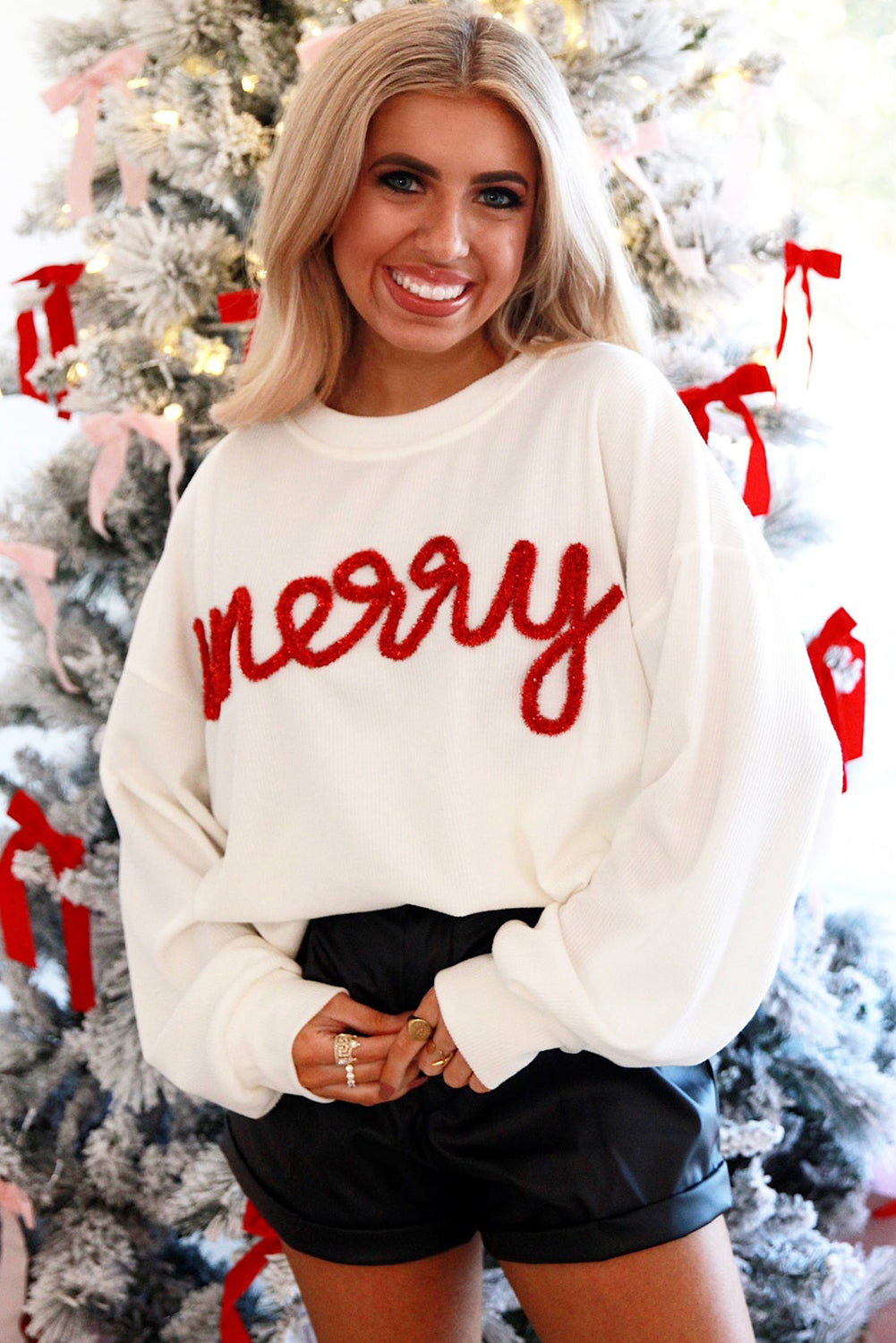 White Let_s Be Merry Tinsel Rib Top