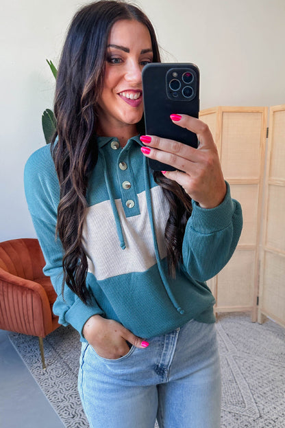 Canton Color Block Ribbed Knit Button Neck Drop Shoulder Hoodie