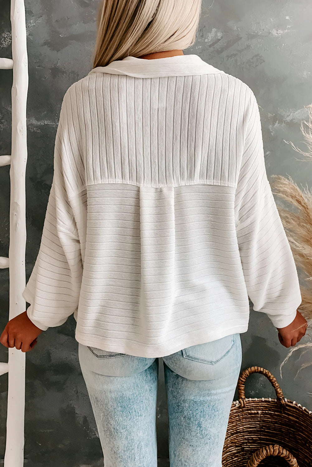 White Ribbed Knit Big Patched Chest Pocket Collared Shacket